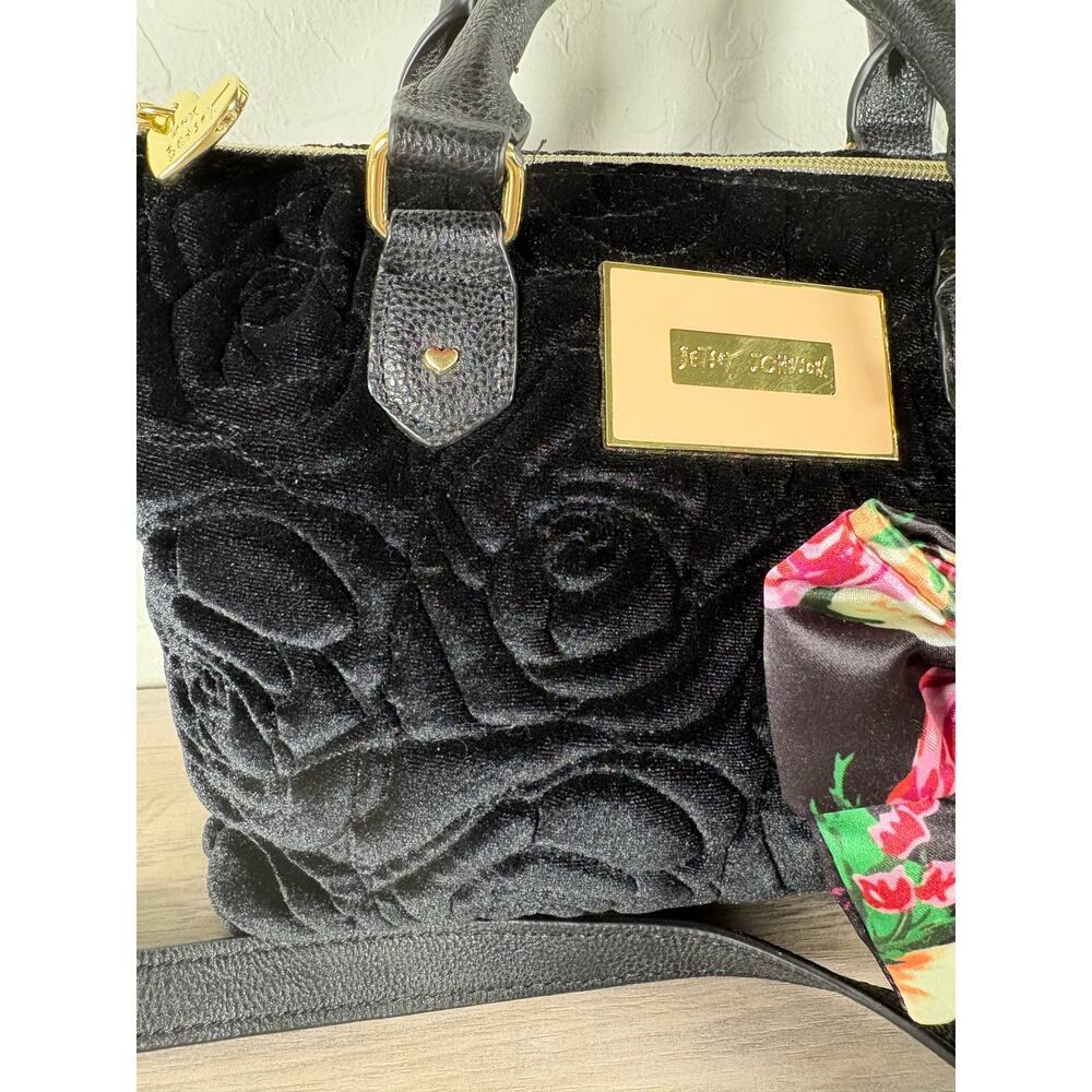 Betsey Johnson Black Velvet Crossbody Satchel with Floral Bow - Picture 4 of 7